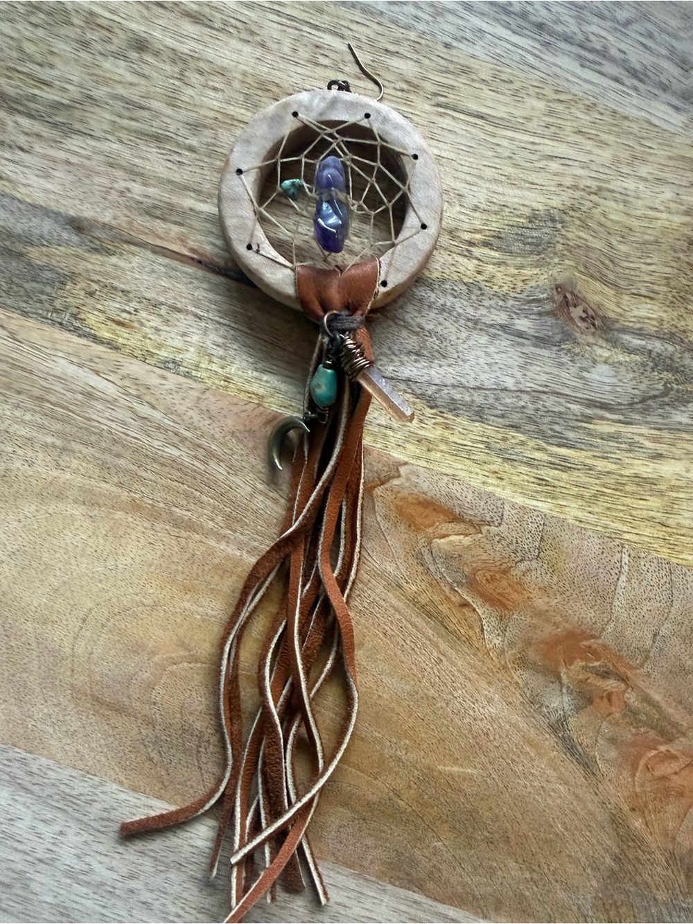 Boho Dreamcatcher Earring with Leather Fringe and Gemstone Accents - Brown